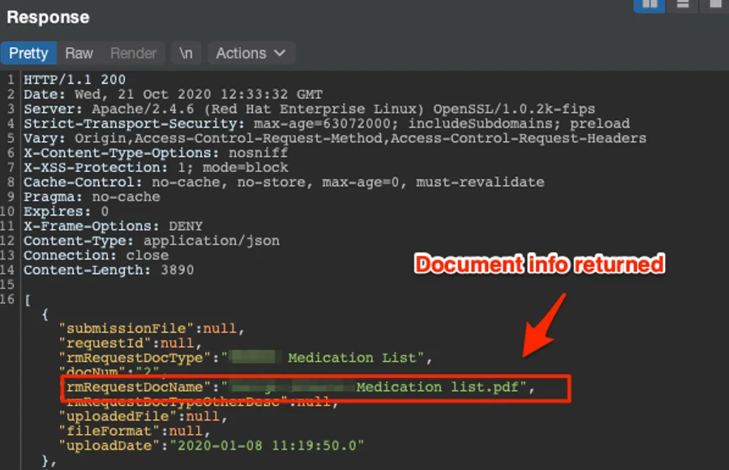 An HTTP 200 JSON response listing document metadata including rmRequestDocType and a redacted rmRequestDocName ending in "Medication list.pdf"
