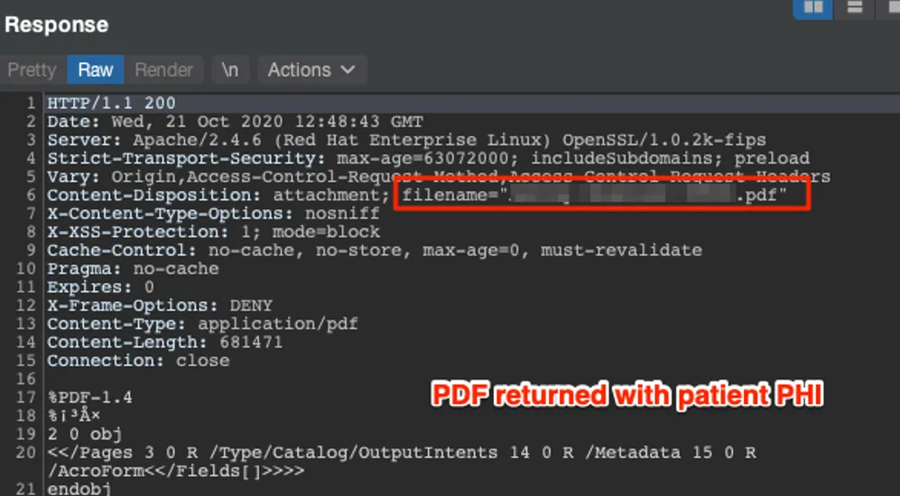 An HTTP 200 response with Content-Type application/pdf and a Content-Disposition attachment header carrying a redacted patient filename