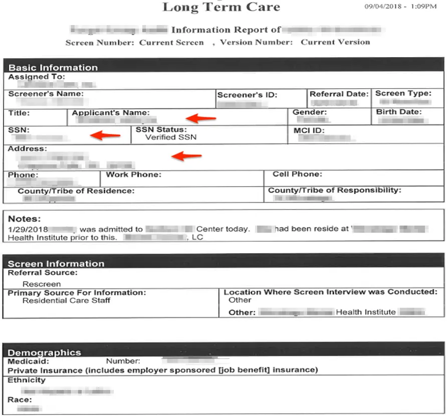 A redacted long term care screening report showing labelled fields for applicant name, SSN with verified status, address, phone numbers, birth date, Medicaid number, race, ethnicity, and admission notes