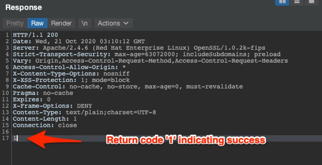 An HTTP 200 text/plain response with a Content-Length of 1 and a body consisting of the single character 1, indicating successful deletion
