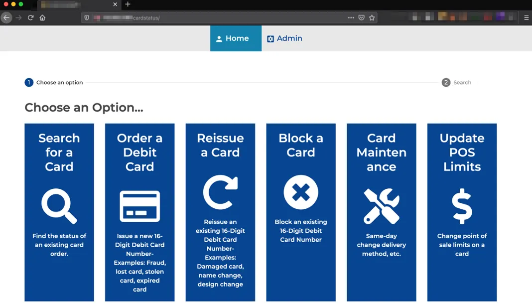 The card application dashboard offering six tiled options: Search for a Card, Order a Debit Card, Reissue a Card, Block a Card, Card Maintenance, and Update POS Limits