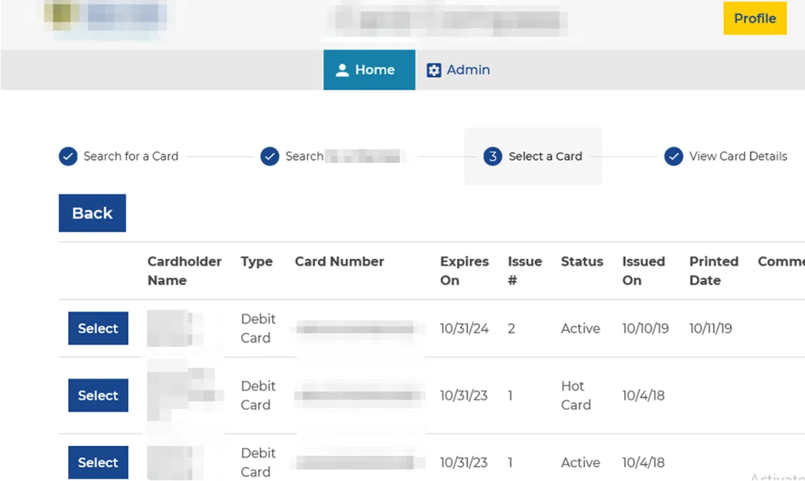 The application's card search results listing cardholder names, card numbers, expiry dates, issue numbers, and card status, all redacted
