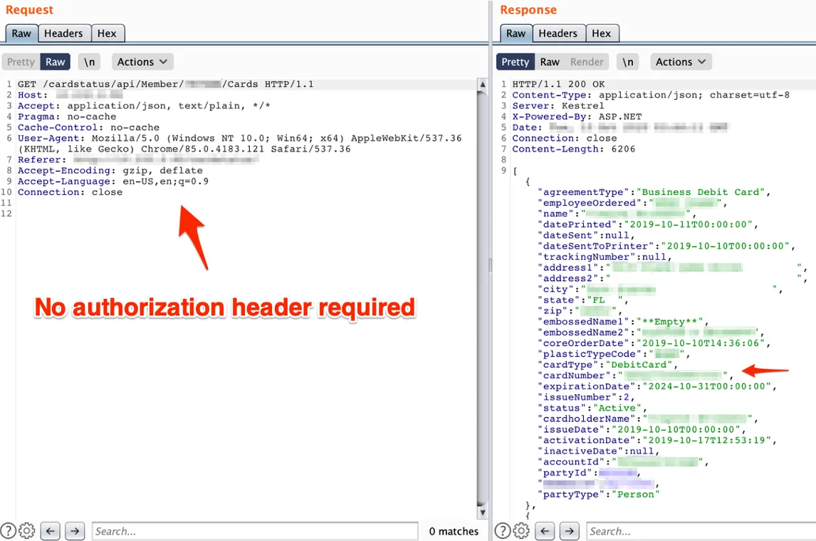 A Burp Suite request and response pair showing a GET to /cardstatus/api/Member/id/Cards with no authorization header, returning a 200 with full card records including cardholder name, address, card type, card number, expiry, and account ID