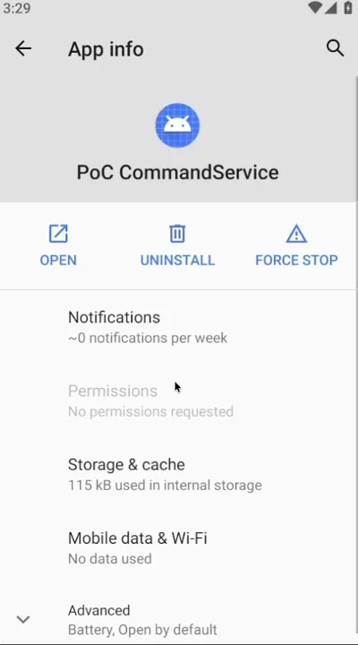 Android App info screen for the PoC app showing "Permissions: No permissions requested"